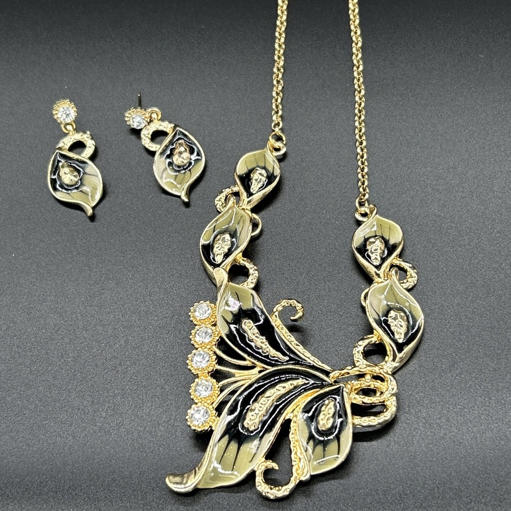 Multi-Colored Necklace & Earrings Set‎ w/clear Rhinestones Black, Green Sparkles
